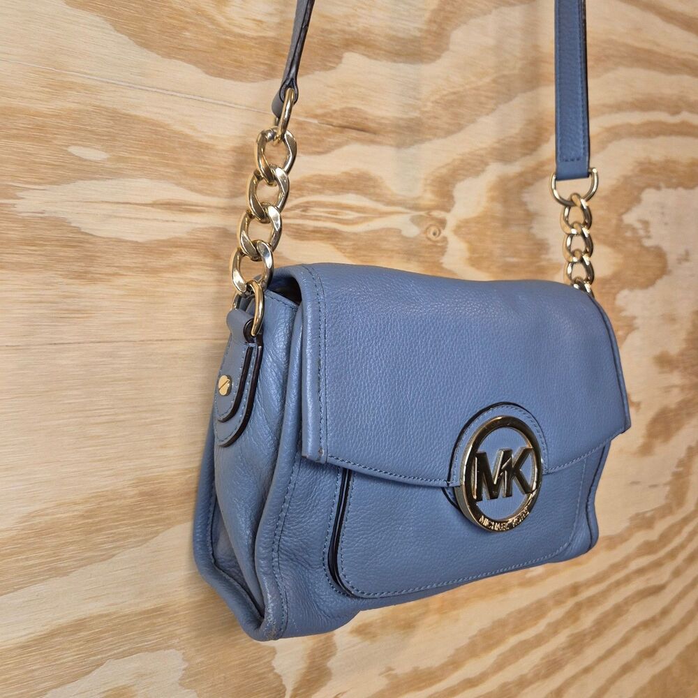 Michael Kors Fulton Small Crossbody Bag Women's Blue Pebbled Leather Gold MK